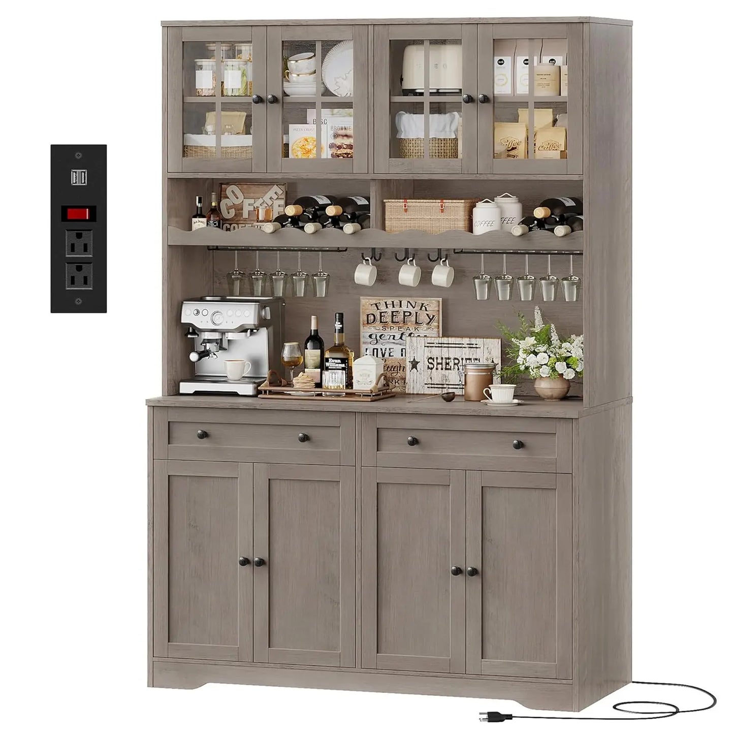 Modern Kitchen Pantry Cabinet With Charging Station And Microwave Stand