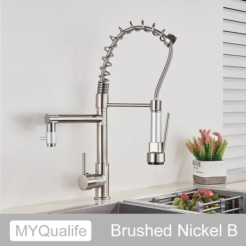 MYQualife Pull Down Brass Kitchen Faucet With Dual Spout And Hot And Cold Water