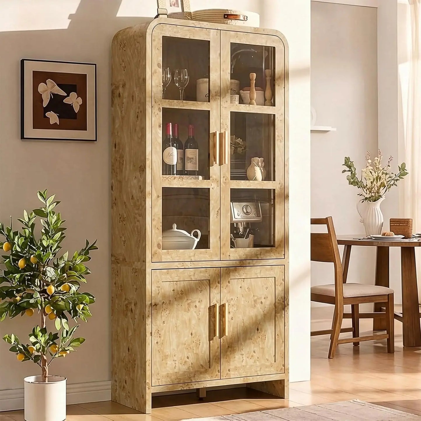 Kitchen Pantry Cabinets With Wooden Curved Storage And Adjustable Shelves