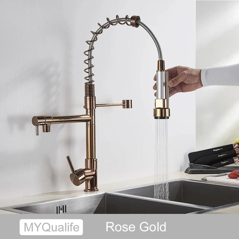 MYQualife Brass Pull Down Kitchen Sink Faucet With Dual Spout