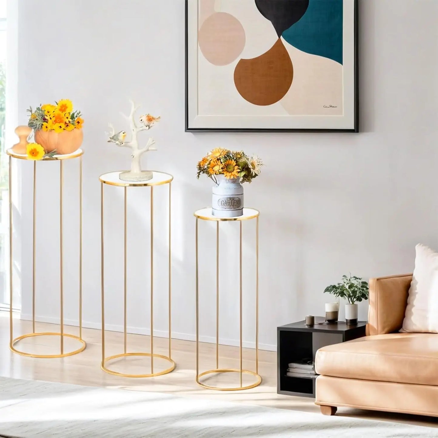 Set Of 3 Metal Cylinder Pedestal Stands For Party Tables