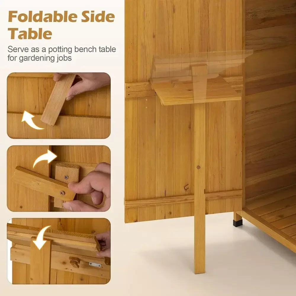 Outdoor Wooden Storage Shed With Folding Table And Removable Shelves