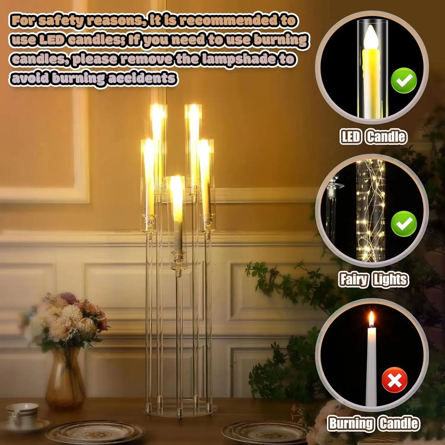 Clear Acrylic 5 Arm Candelabra Centerpieces With LED Candles