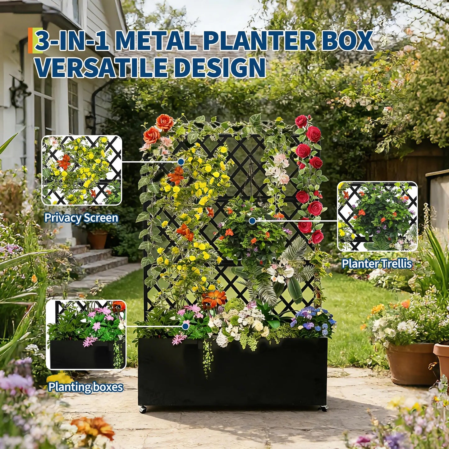 HiMISS Galvanized Steel Raised Garden Bed With Trellis Drainage Wheels