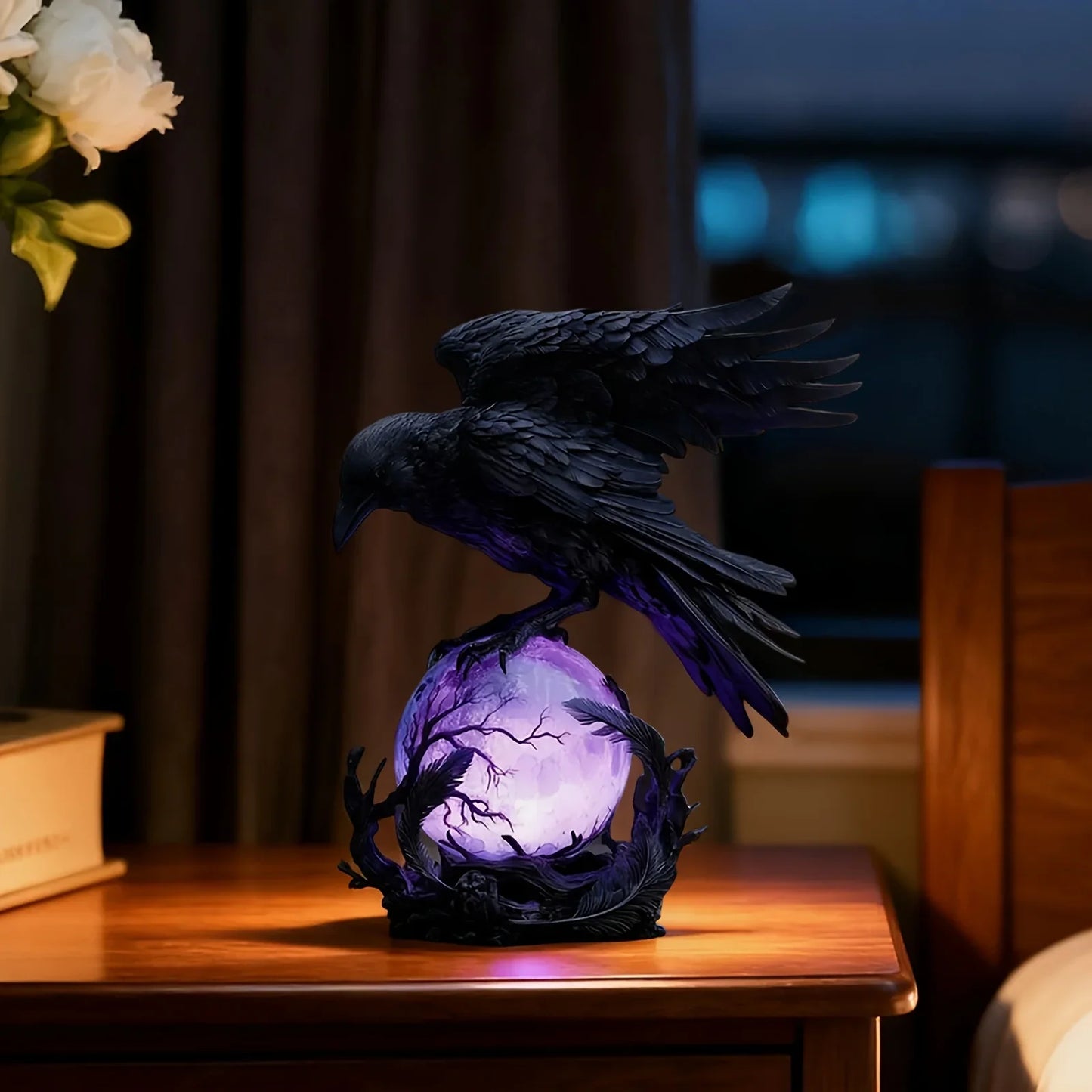 Illuminated Raven Sculpture Outdoor Gothic Lamp With Moonlit Sphere