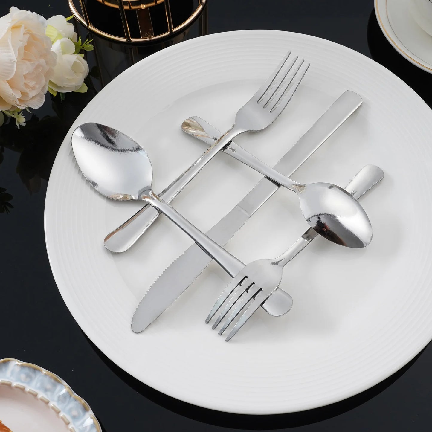 HANSMART Stainless Steel Flatware Set Service for 12 with Ribbed Handle