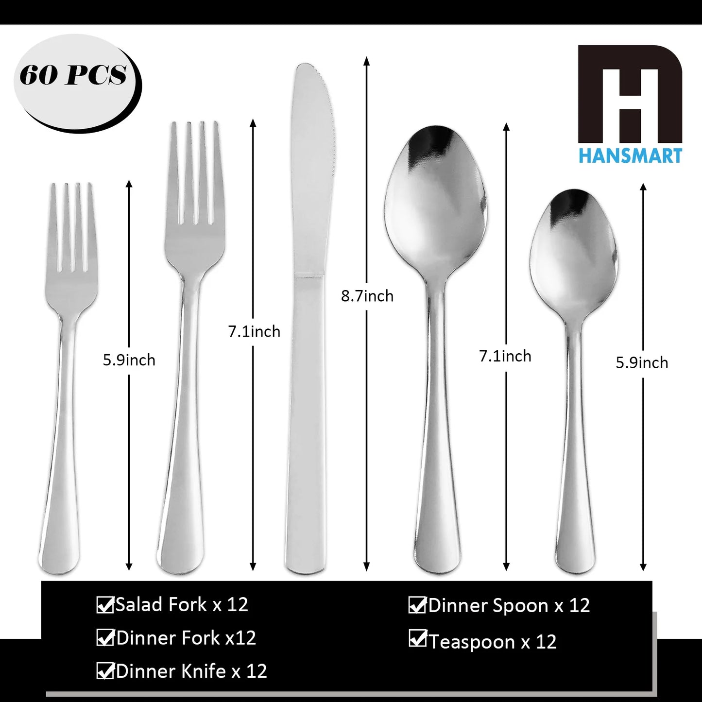 HANSMART Stainless Steel Flatware Set Service for 12 with Ribbed Handle