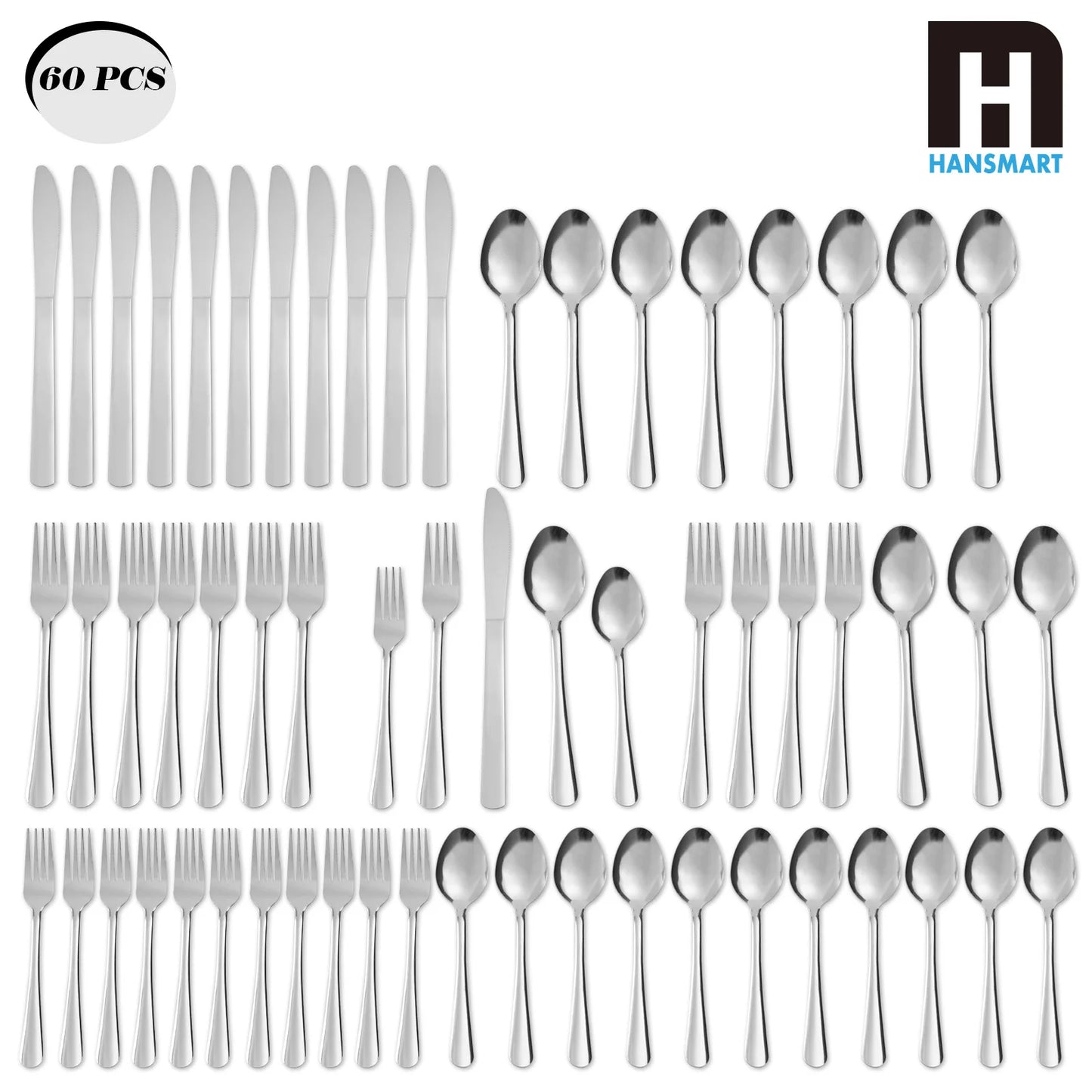HANSMART Stainless Steel Flatware Set Service for 12 with Ribbed Handle