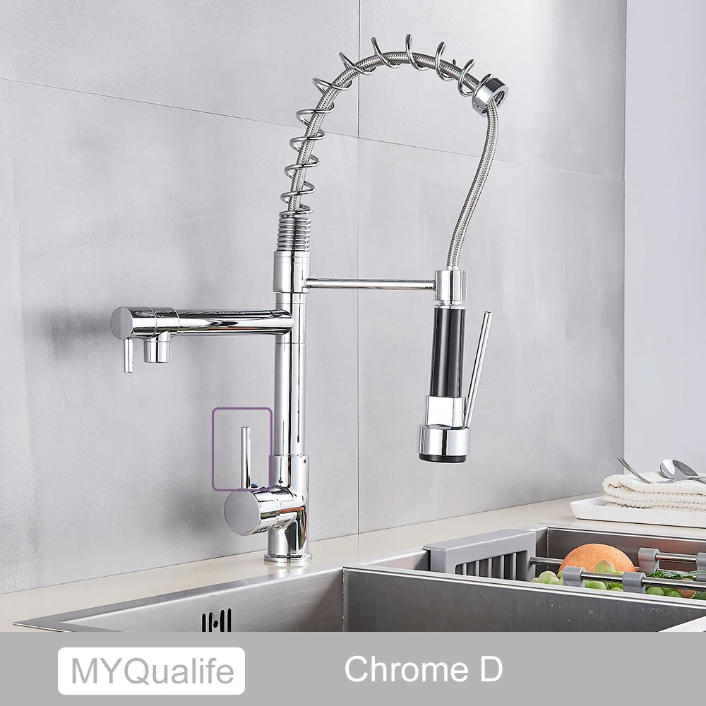 MYQualife Brass Pull Down Kitchen Sink Faucet With Dual Spout