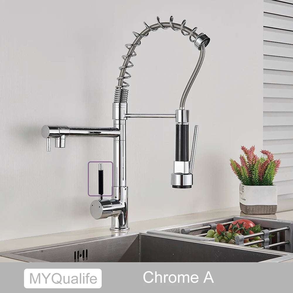 MYQualife Brass Pull Down Kitchen Sink Faucet With Dual Spout