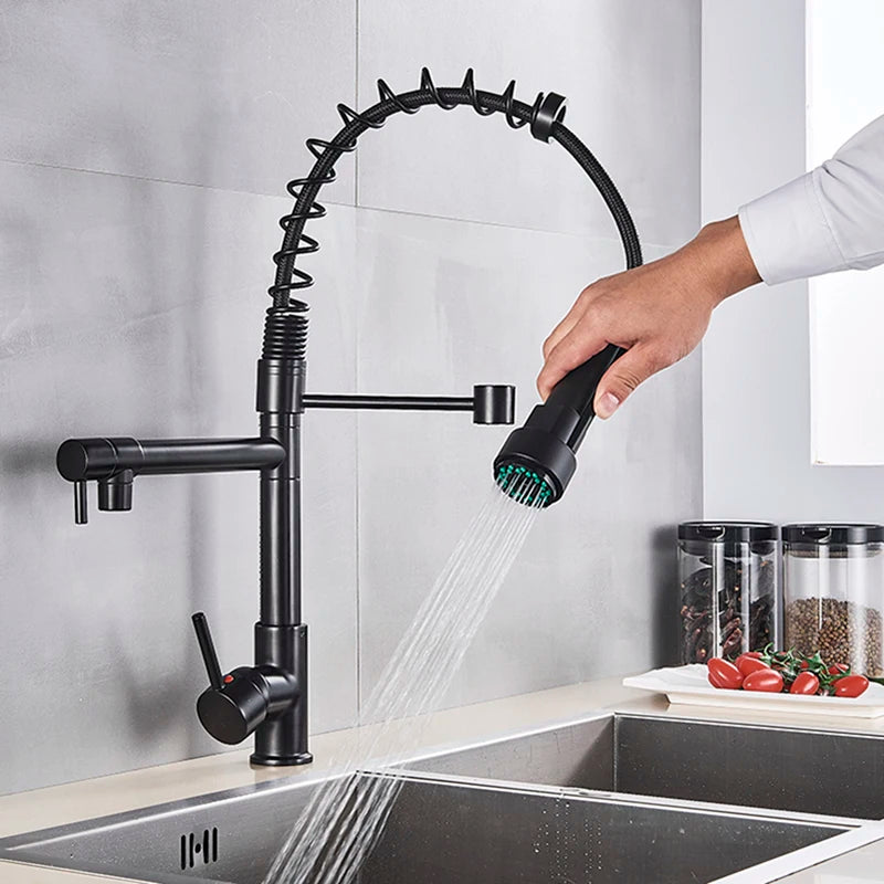 MYQualife Brass Pull Down Kitchen Sink Faucet With Dual Spout