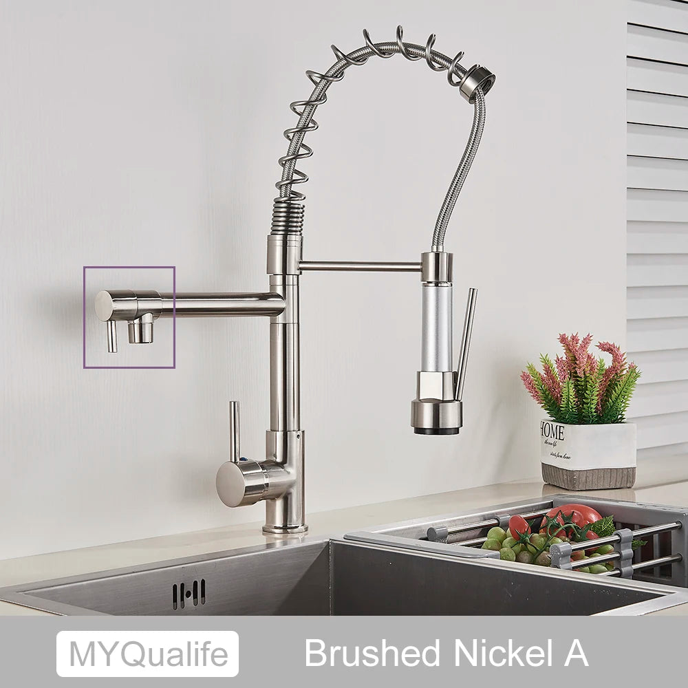MYQualife Brass Pull Down Kitchen Sink Faucet With Dual Spout