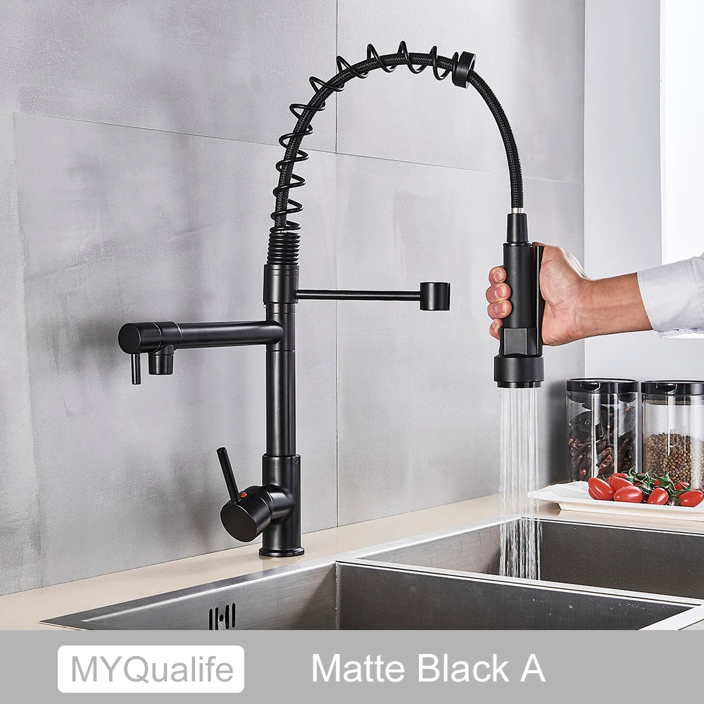 MYQualife Brass Pull Down Kitchen Sink Faucet With Dual Spout