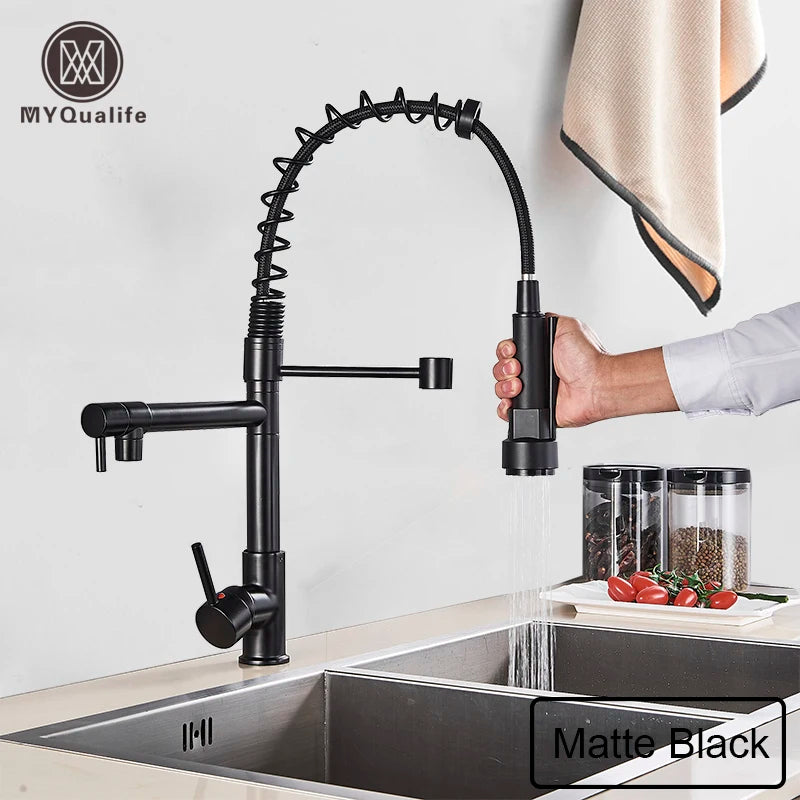 MYQualife Brass Pull Down Kitchen Sink Faucet With Dual Spout