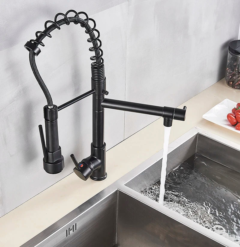 MYQualife Brass Pull Down Kitchen Sink Faucet With Dual Spout