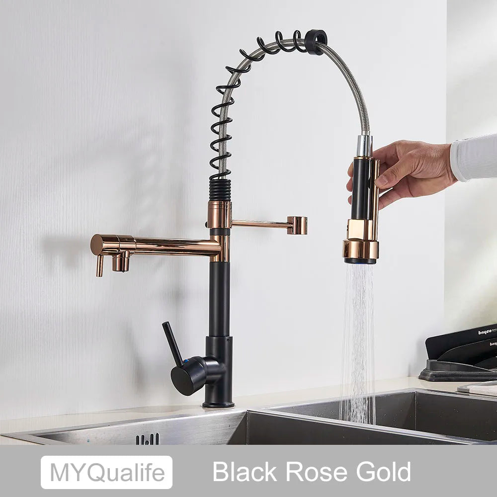 MYQualife Brass Pull Down Kitchen Sink Faucet With Dual Spout