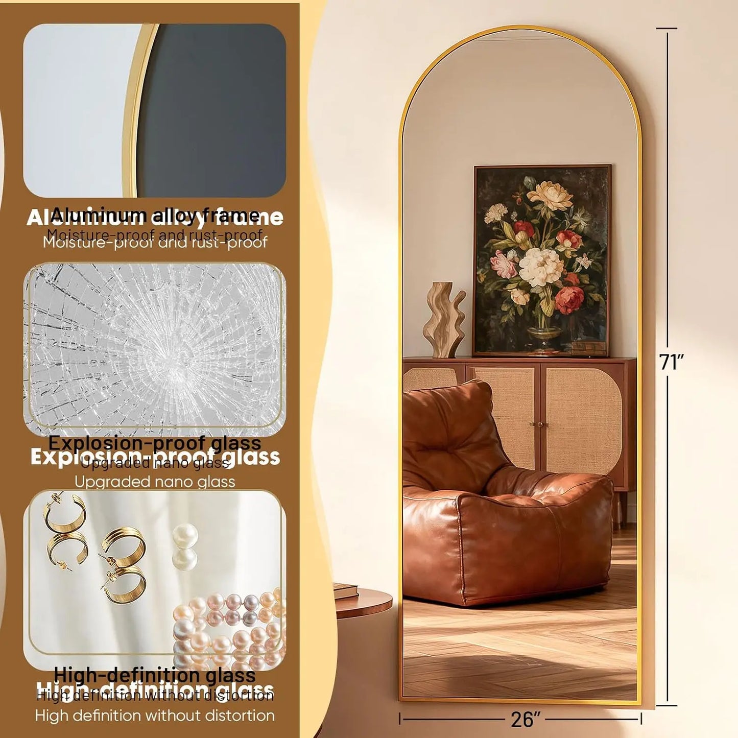 Modern Arched Full Length Wall Mirror By Gold Finish Brand