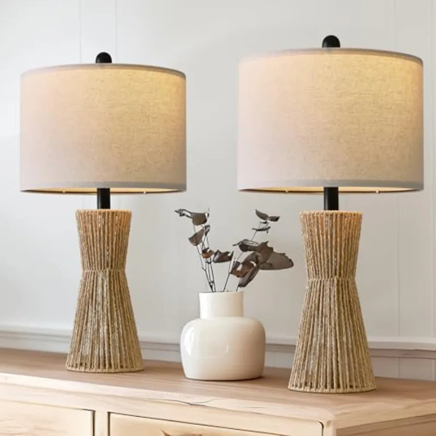 Boho Rattan Table Lamps Set Of Two For Living Room