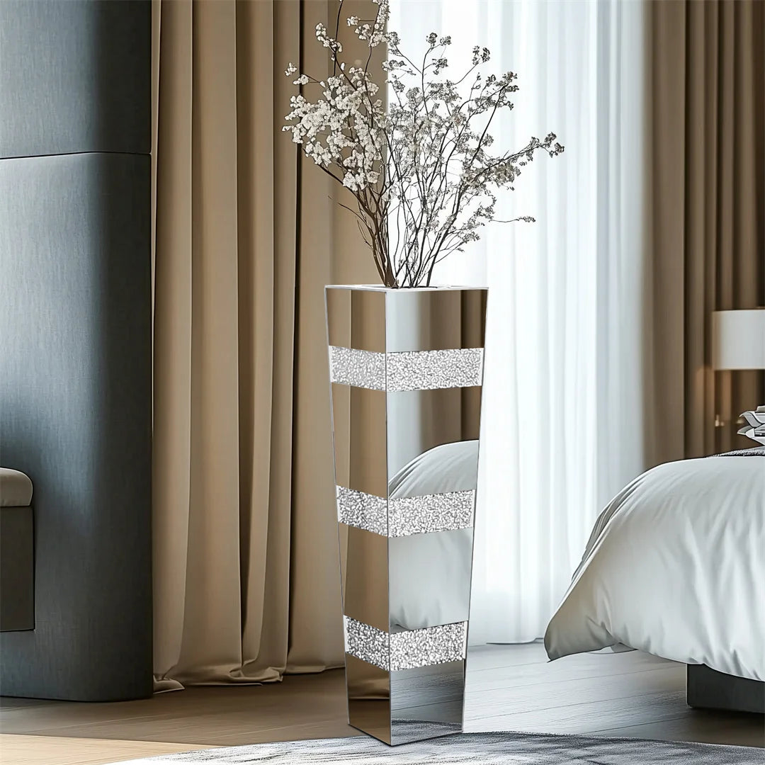 Modern Floor Vase With Crystals Mirrored Silver Standing Vase