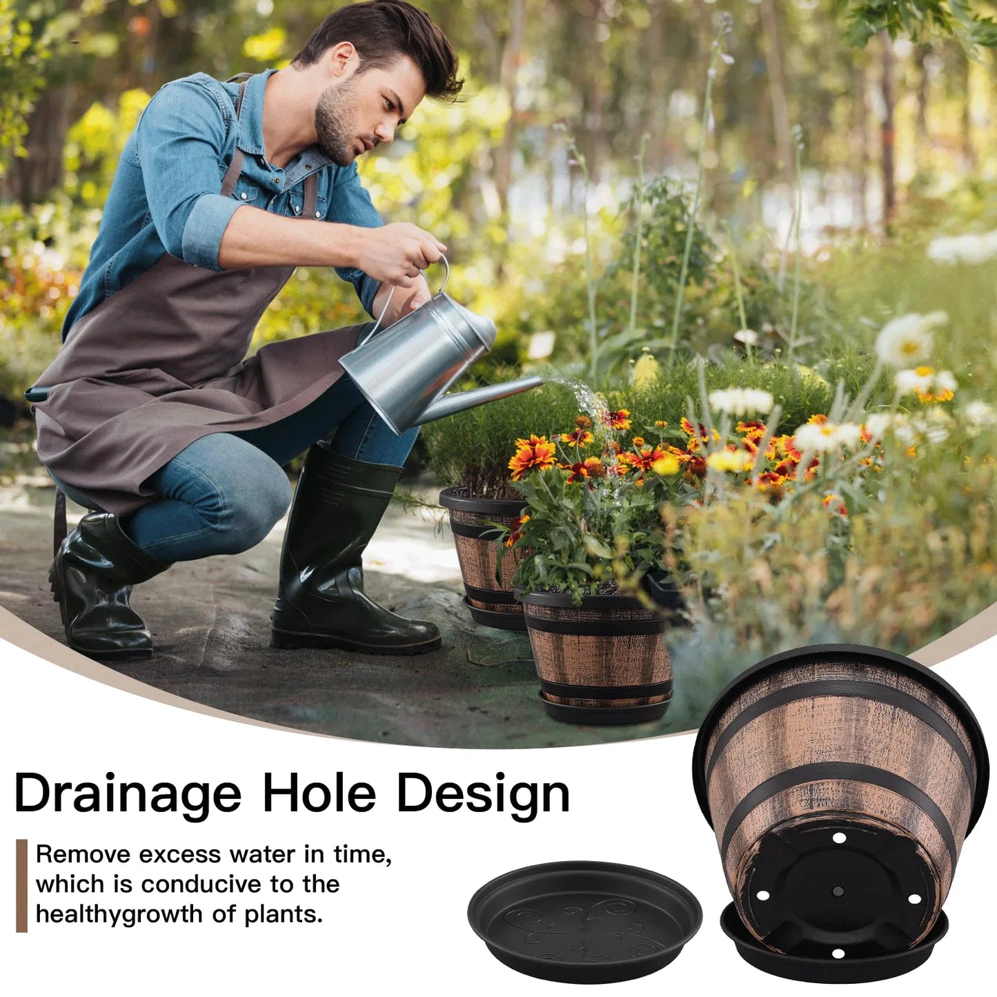 Whiskey Barrel Style Plastic Planters Set Of 4 With Drainage Holes