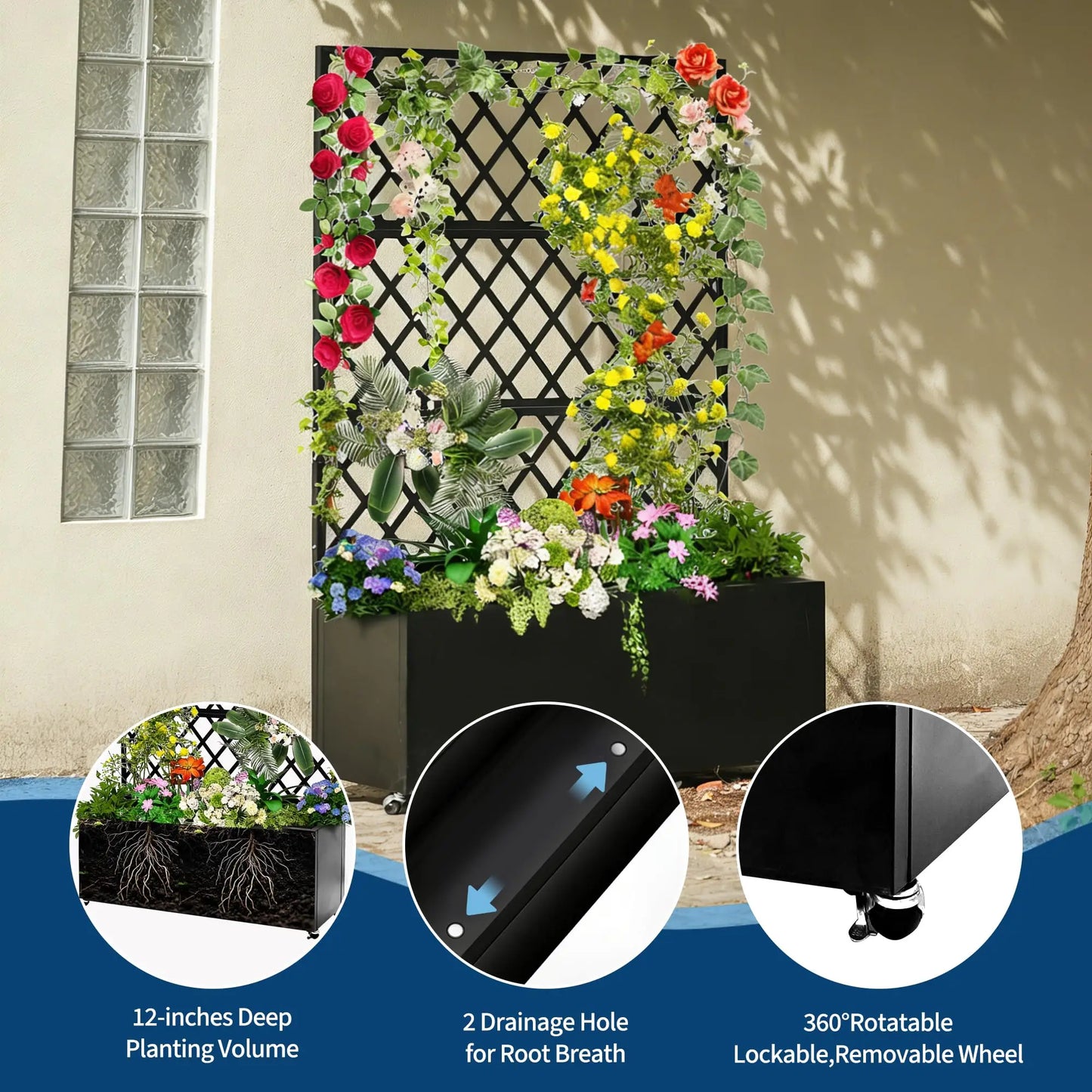 HiMISS Galvanized Steel Raised Garden Bed With Trellis Drainage And Wheels