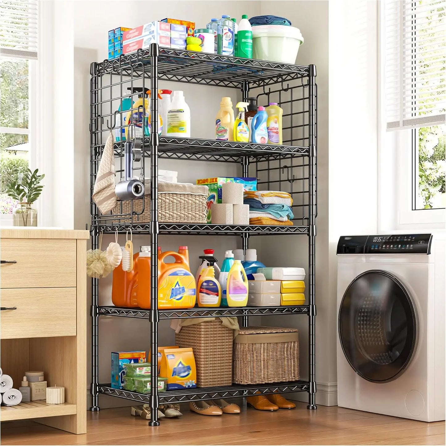 5-Tier Metal Shelving With Side Hooks Adjustable Storage