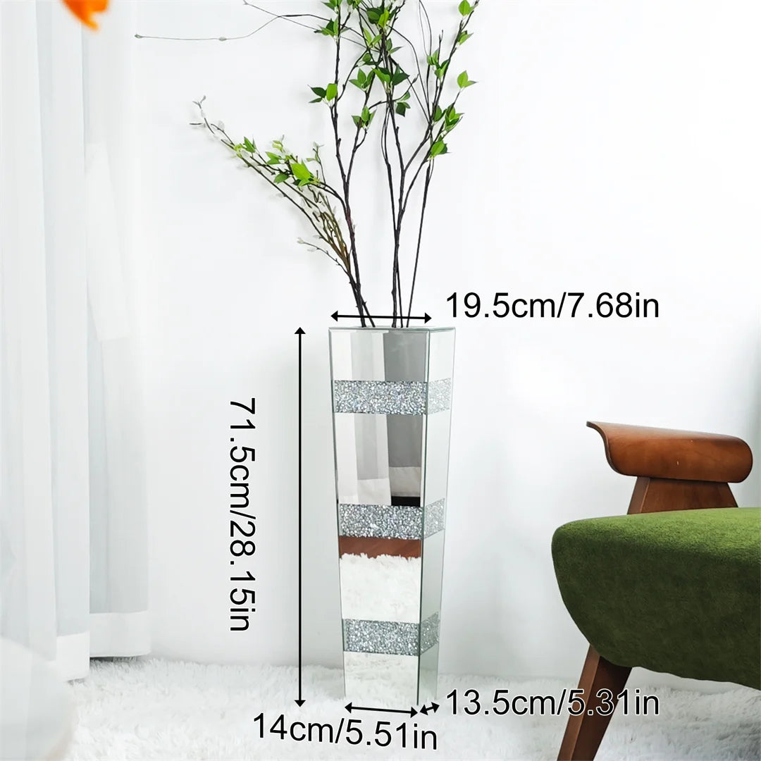 Modern Floor Vase With Crystals Mirrored Silver Standing Vase