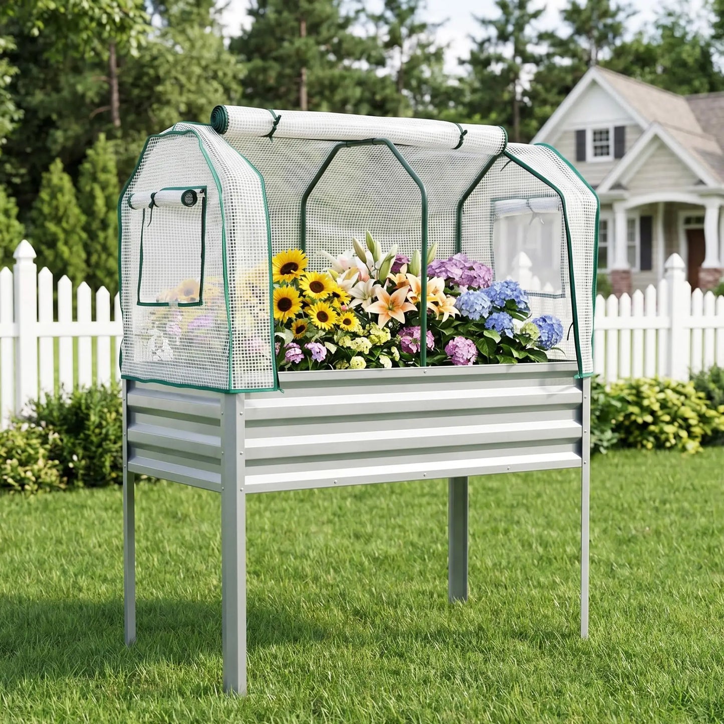 HiMISS Galvanized Raised Garden Bed With Cover And Legs For Vegetables And Herbs