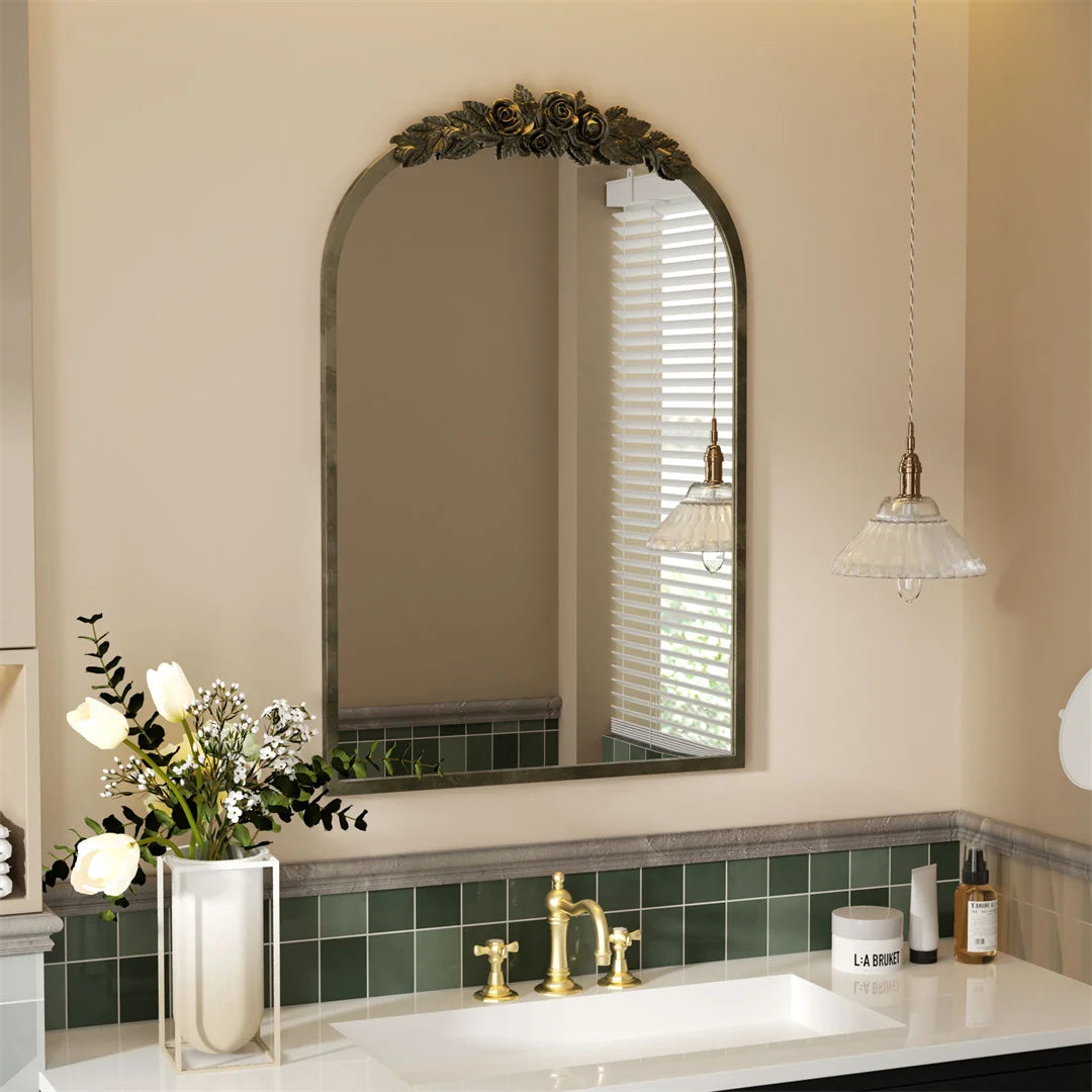 LUVODI Arched Wall Mirror Antique Metal Frame Resin Rose Pattern