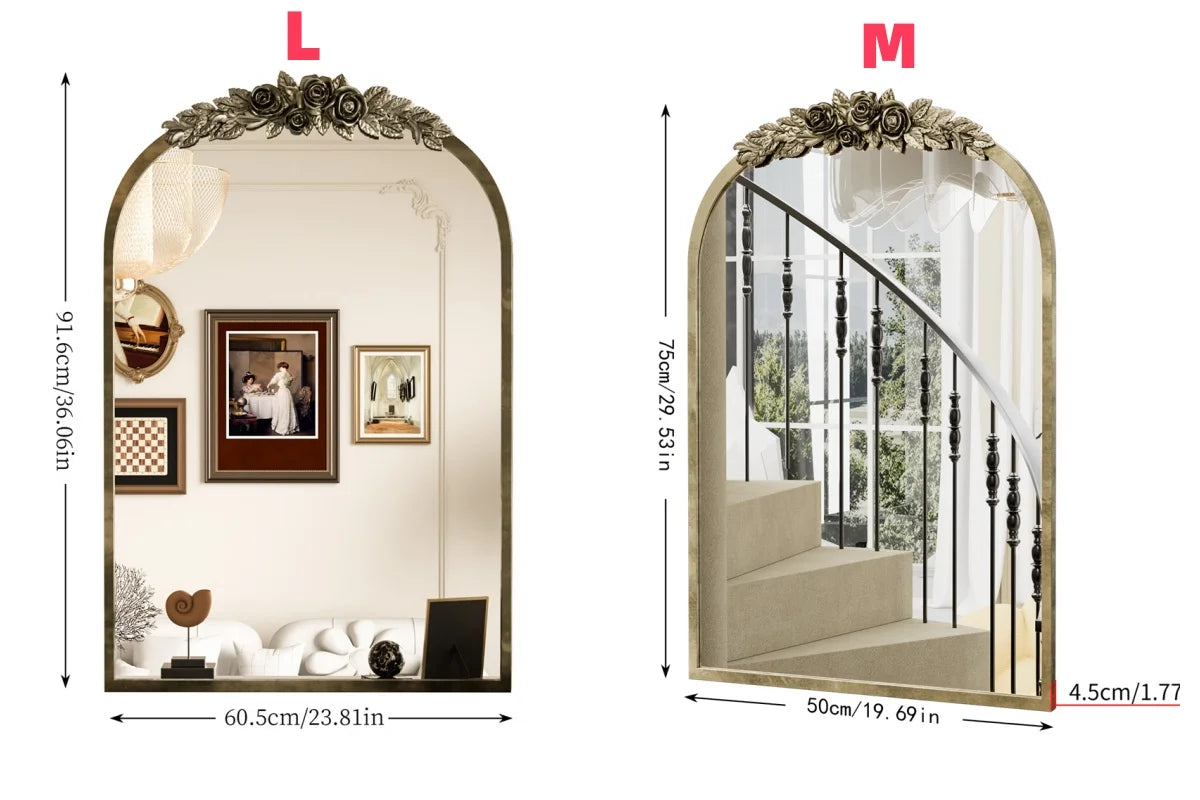 LUVODI Arched Wall Mirror Antique Metal Frame Resin Rose Pattern