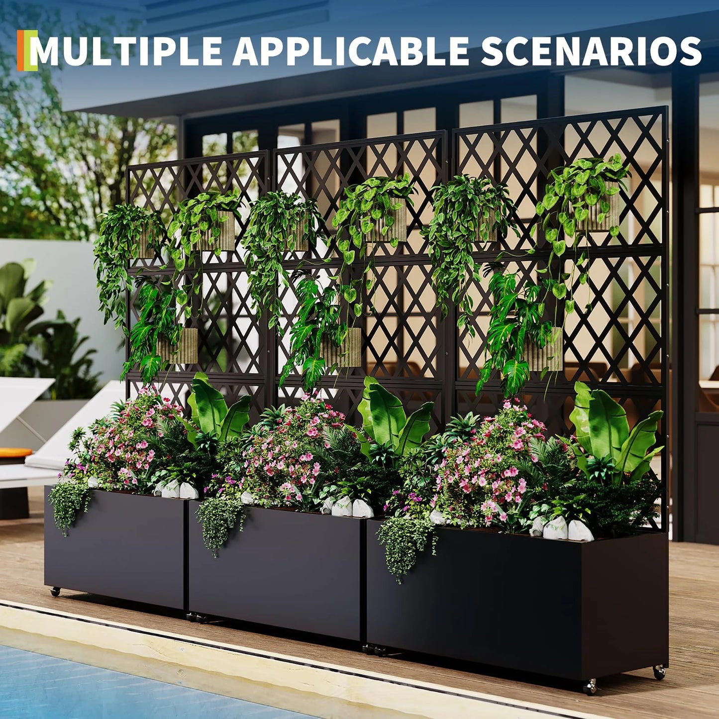 HiMISS Galvanized Steel Raised Garden Bed With Trellis Drainage Wheels