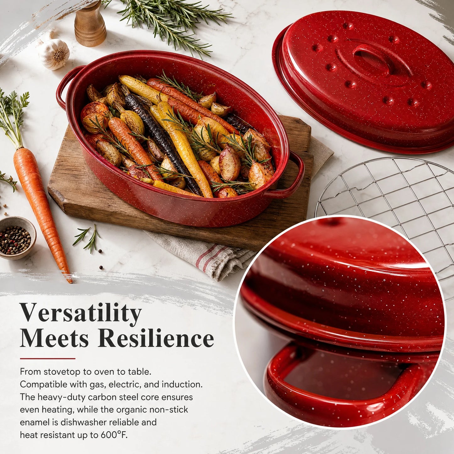Enamel Carbon Steel Roasting Pan With Lid Oval Roaster