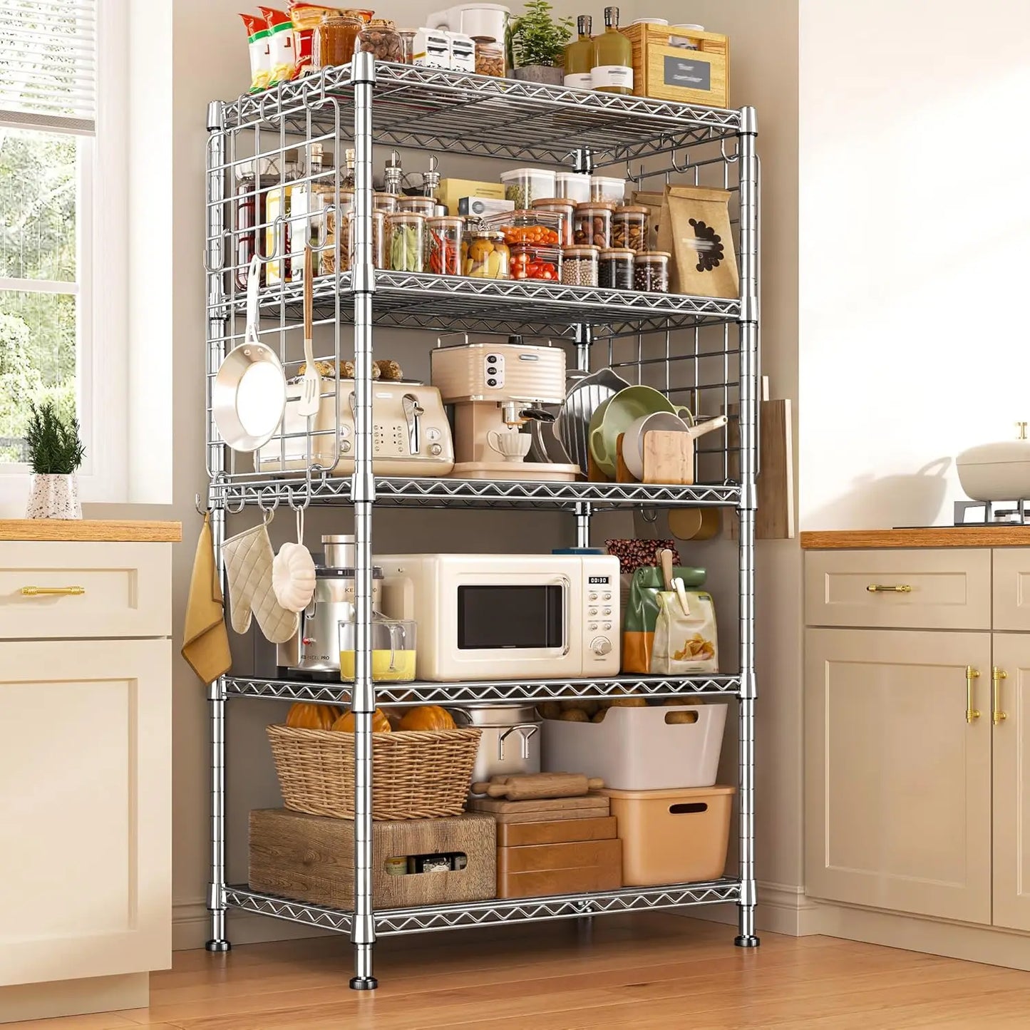 5-Tier Metal Shelving With Side Hooks Adjustable Storage