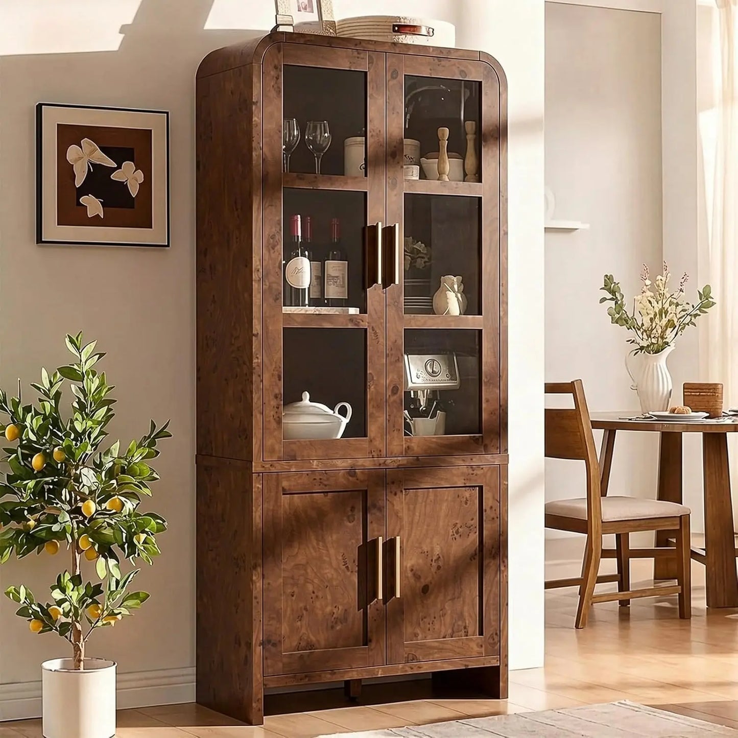 Kitchen Pantry Cabinets With Wooden Curved Storage And Adjustable Shelves