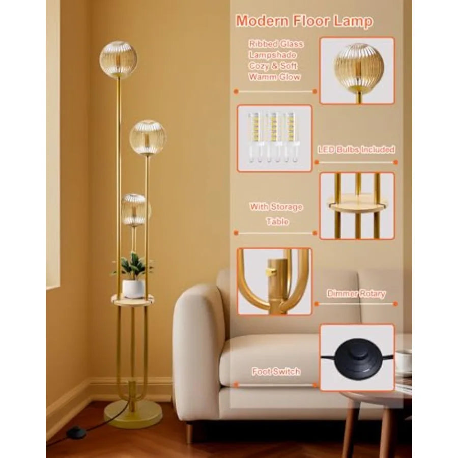 Glass Floor Lamp With Shelf Dimmable Mid Century Modern Gold