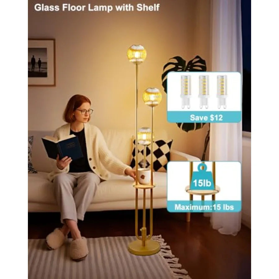 Glass Floor Lamp With Shelf Dimmable Mid Century Modern Gold