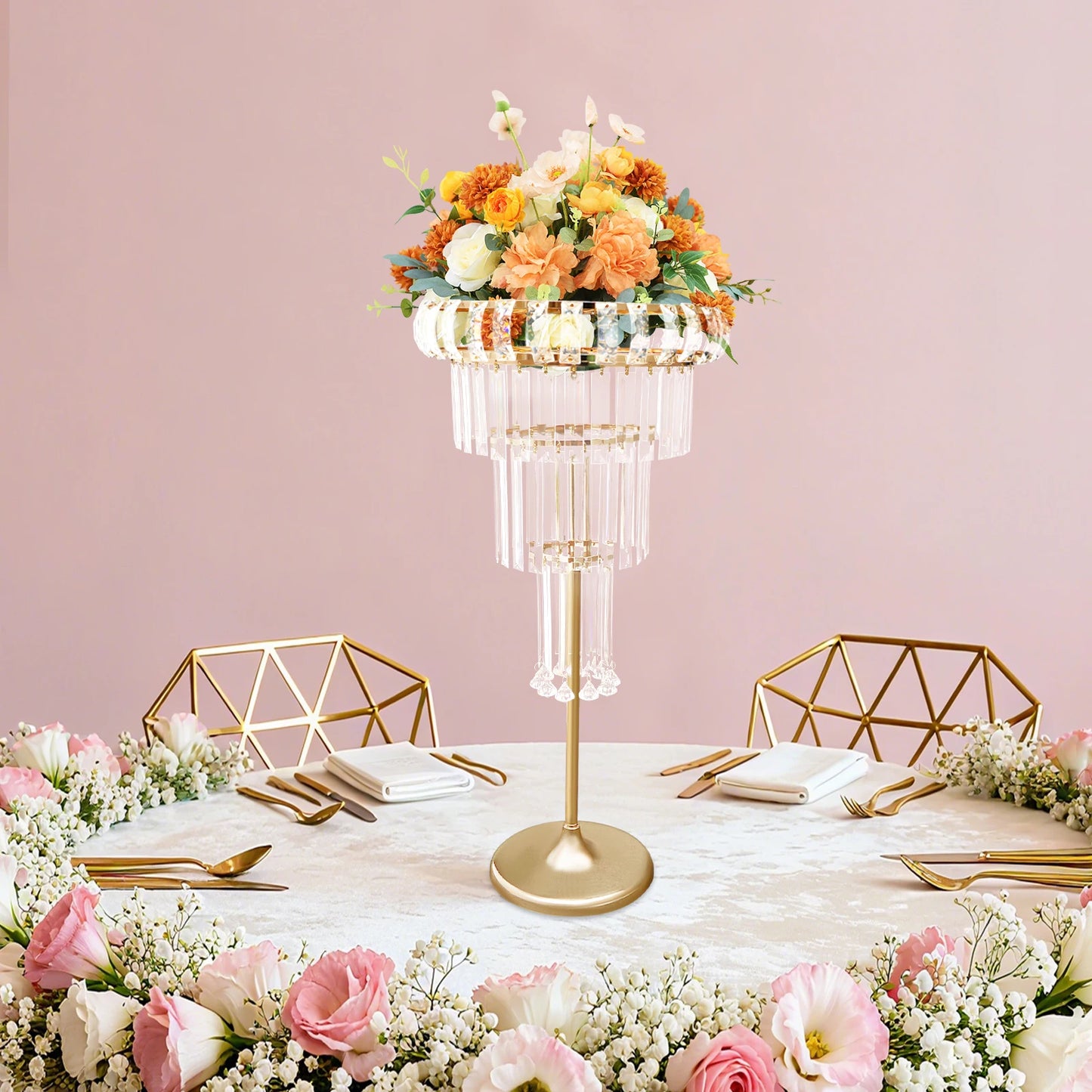 Bymaocar Gold Crystal 4 Tier Round Flower Stand Pedestal