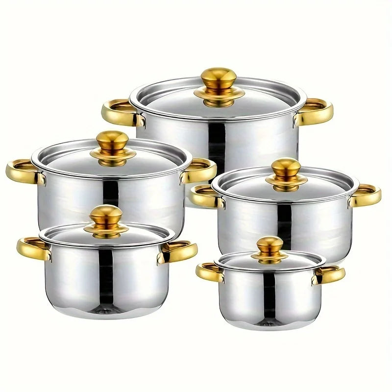 Golden Stainless Steel 5 Piece Cookware Set, Nonstick, All Stovetops
