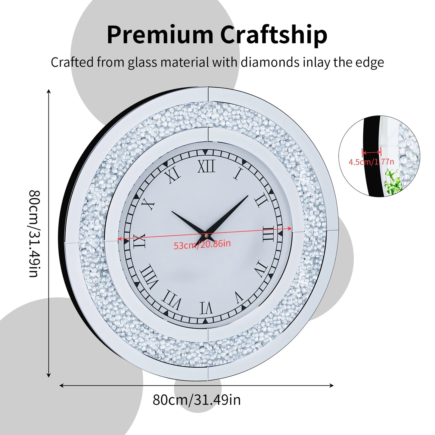 Round Mirror Clock With Crystal Sparkle Accents For Wall Decoration