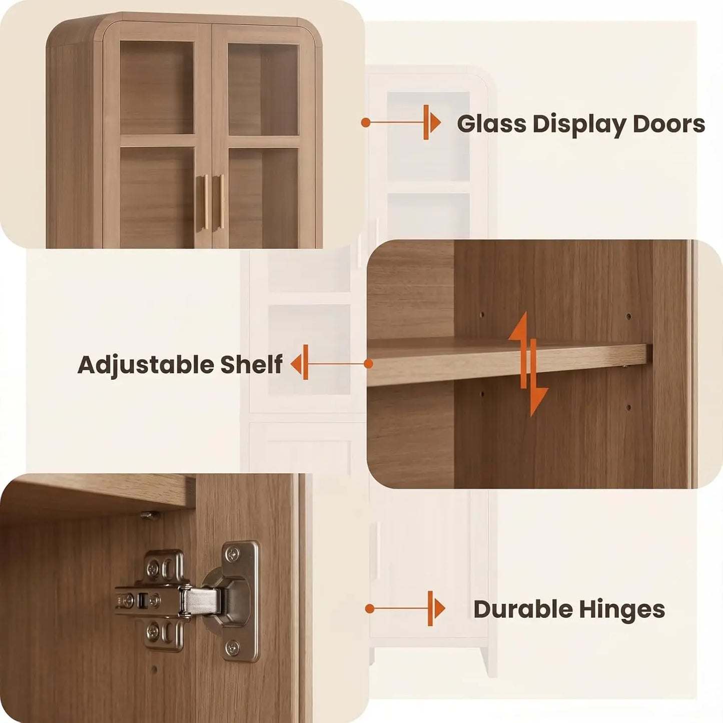 Kitchen Pantry Cabinets With Wooden Curved Storage And Adjustable Shelves