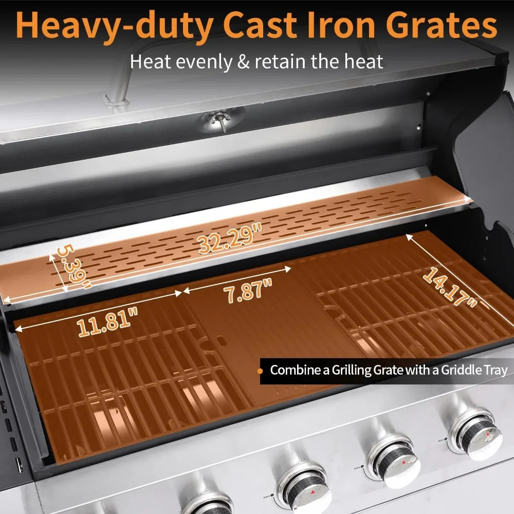 6 Burner Propane Gas Grill With Cast Iron Grates And Side Burner