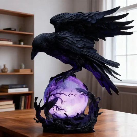 Illuminated Raven Sculpture Outdoor Gothic Lamp With Moonlit Sphere