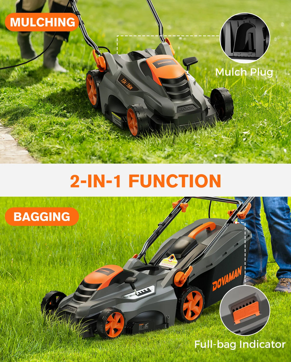 Dovaman 13Amp Corded Lawn Mower With 2in1 Mulching Bagging
