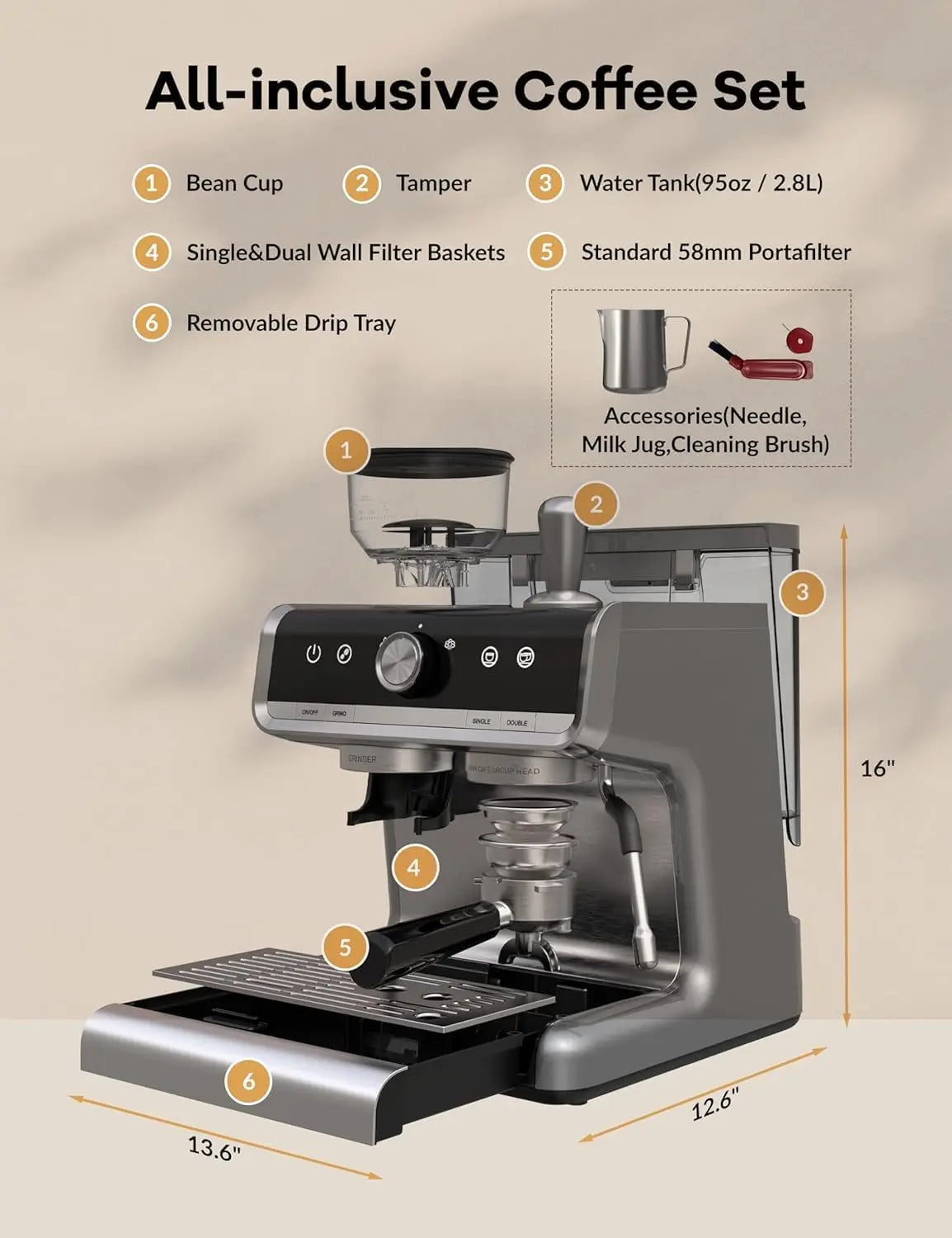 AceKool 20 Bar Espresso Machine With Grinder 1450W Semi Automatic