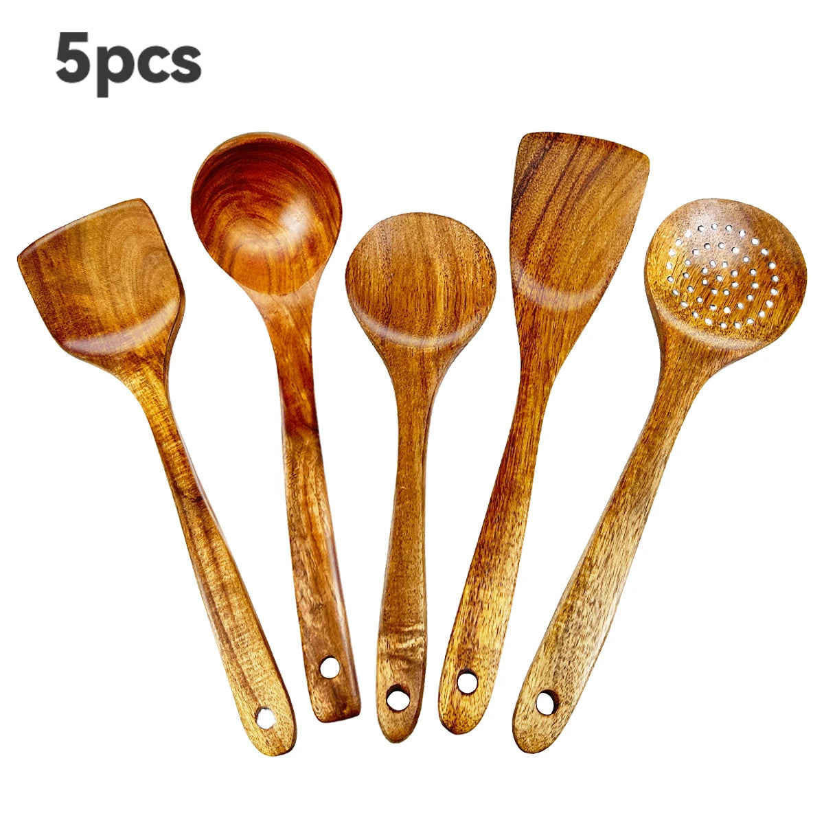 5 Piece Wooden Kitchen Utensil Set With Ergonomic Handles