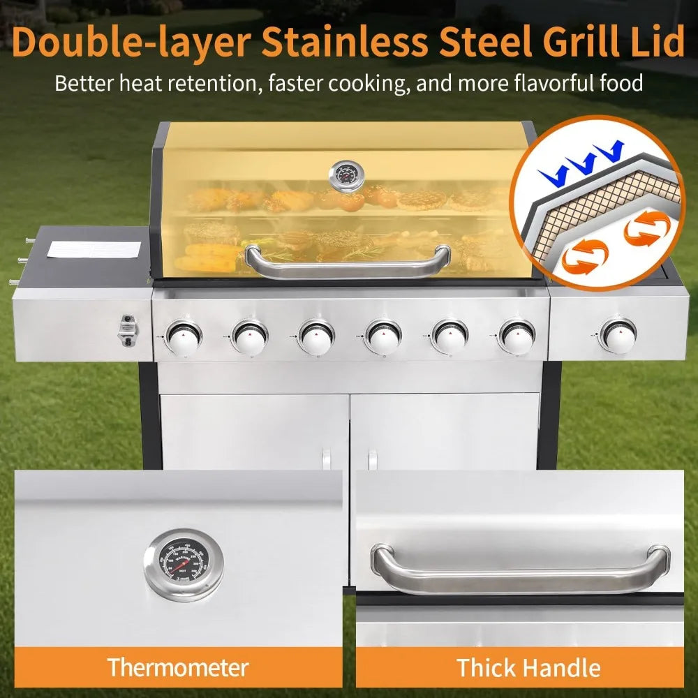 6 Burner Propane Gas Grill With Cast Iron Grates And Side Burner