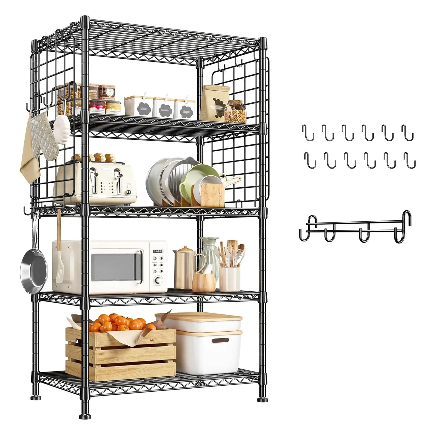 5-Tier Metal Shelving With Side Hooks Adjustable Storage