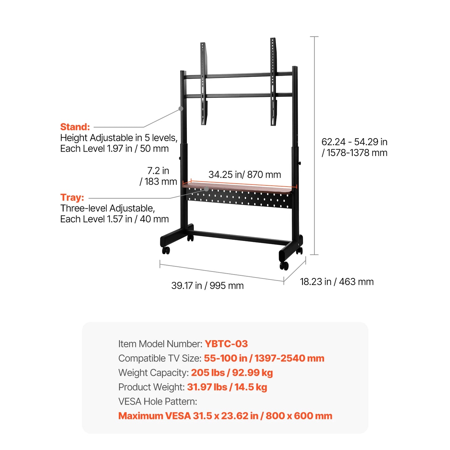 SucceBuy Rolling TV Stand With Wheels For Living Room Office