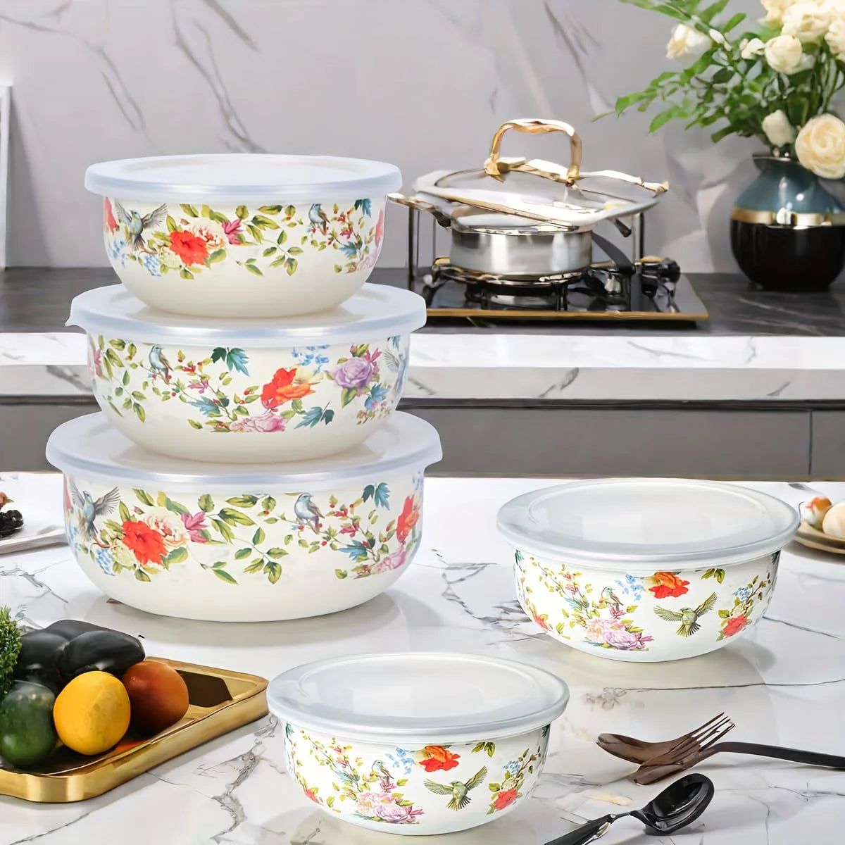 Enamel Bowls Set With Lids, 5-Piece Mixing Bowls For Storage