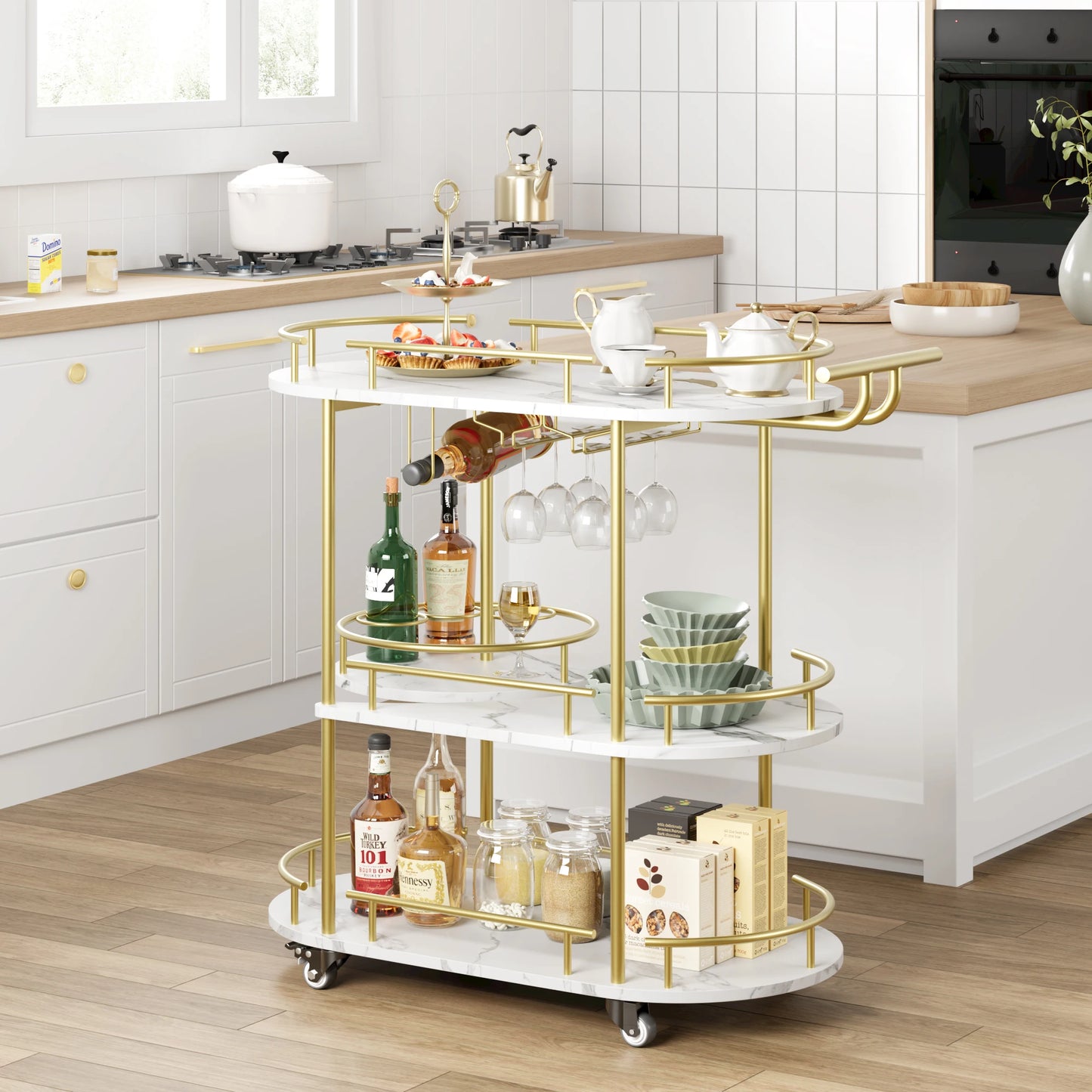 TWISTER.CK Gold Bar Cart With 4-Tier Storage And Wine Rack
